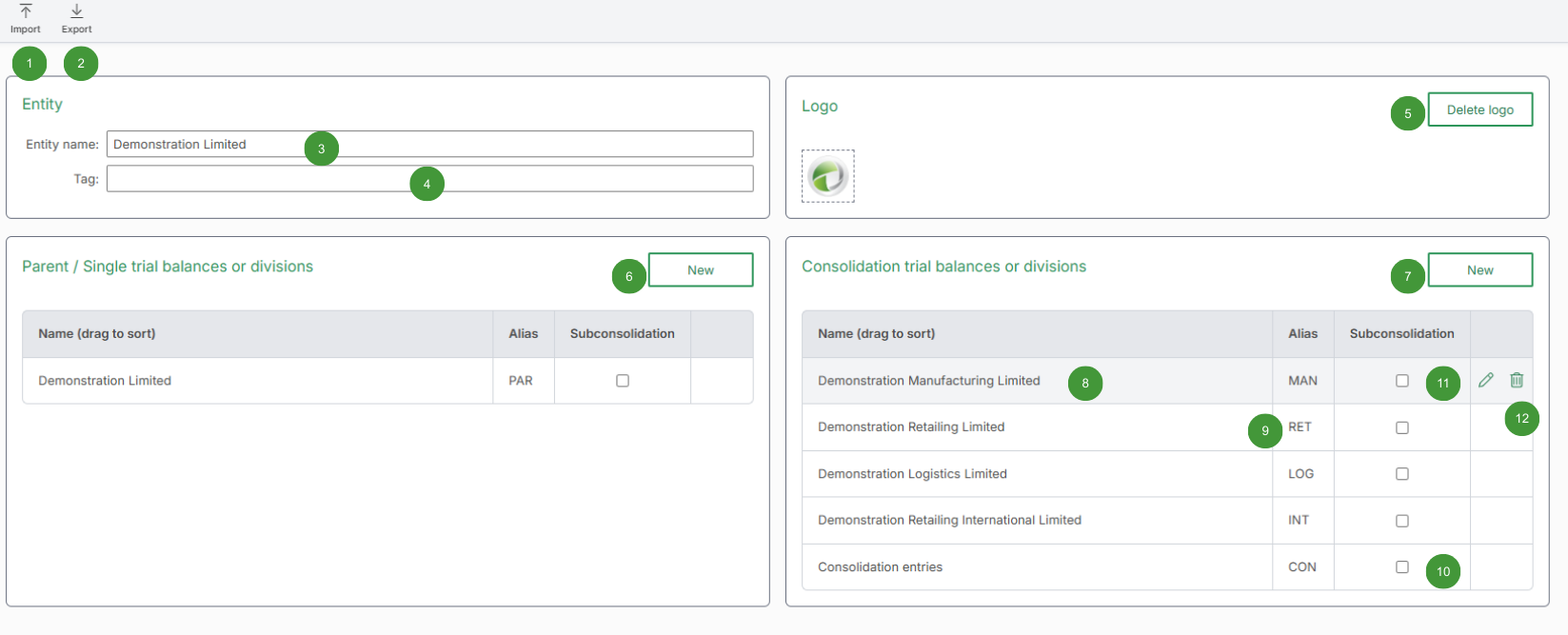 Image shows the Edit entity screen in the software. The on-screen options have been labelled with numbers which correspond to the numbers in the table below.